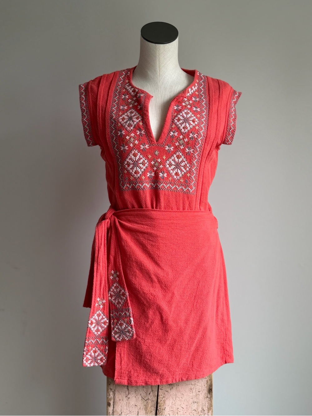 Free People Coral Embroidered Wraparound Midi Dress